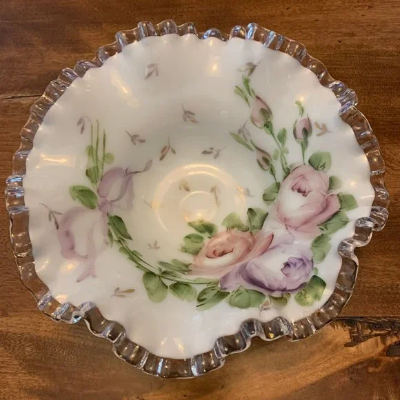 Vintage Fenton Silver Crest Crimped Edge Bowl Hand Painted with Charleton Design